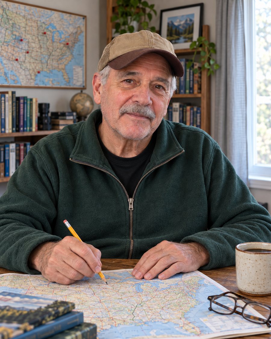 Glen Hollins at his table in Tucumcari, New Mexico, planning a drive on a road atlas